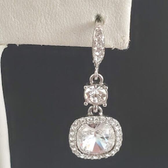 Givenchy Crystal Cushion Stone Drop Earrings Lever Back Silver Tone Halo - Picture 4 of 5